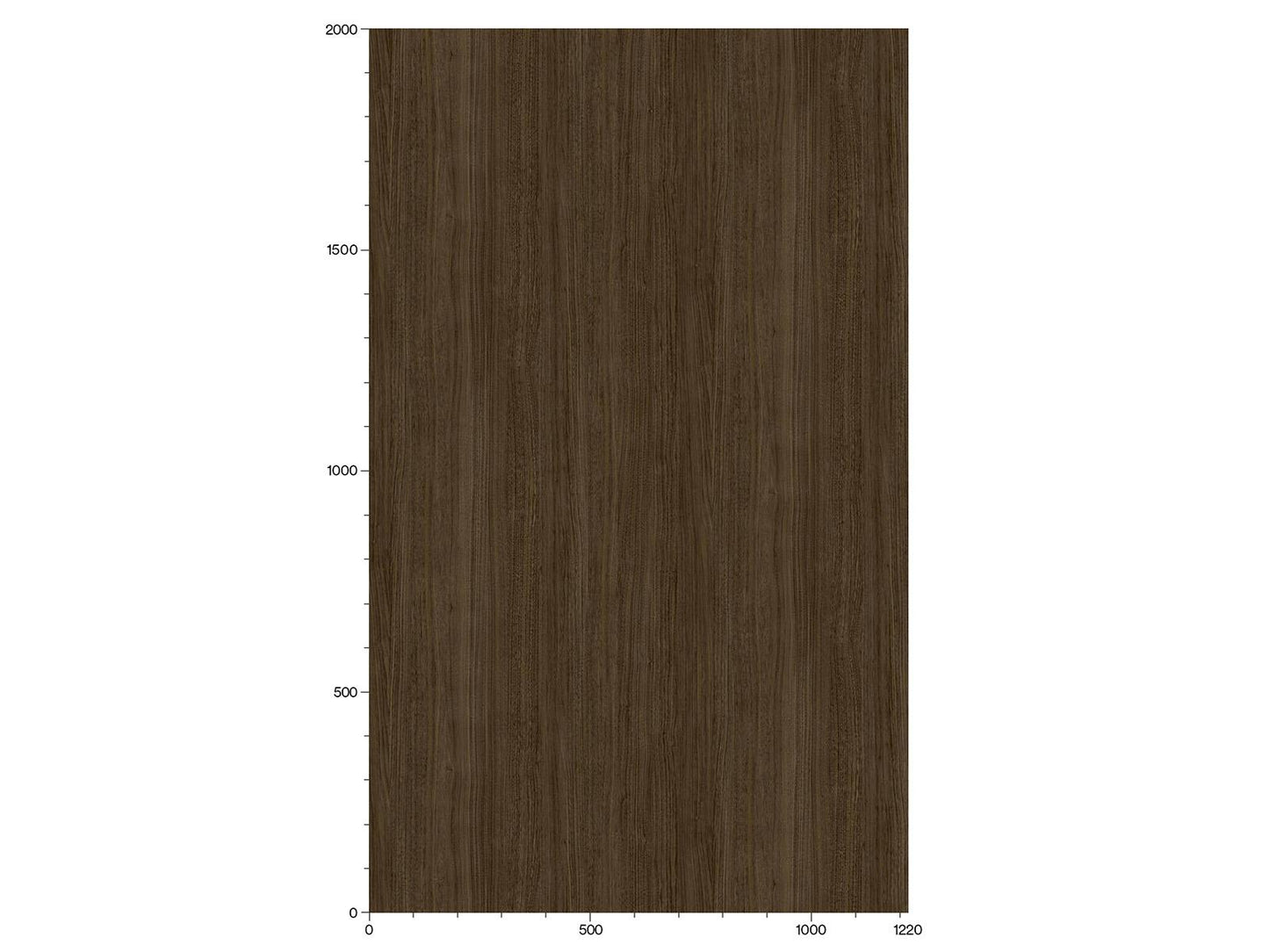 bucata dreptunghiulara de lemn maro inchis care indica dimensiuni, cu o scara de masurare in partea de jos de la 0 la 1220 si in stanga de la 0 la 2000