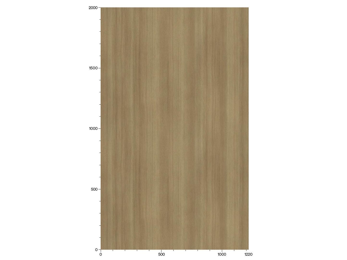bucata dreptunghiulara de lemn maro deschis care indica dimensiuni, cu o scara de masurare in partea de jos de la 0 la 1220 si in stanga de la 0 la 2000