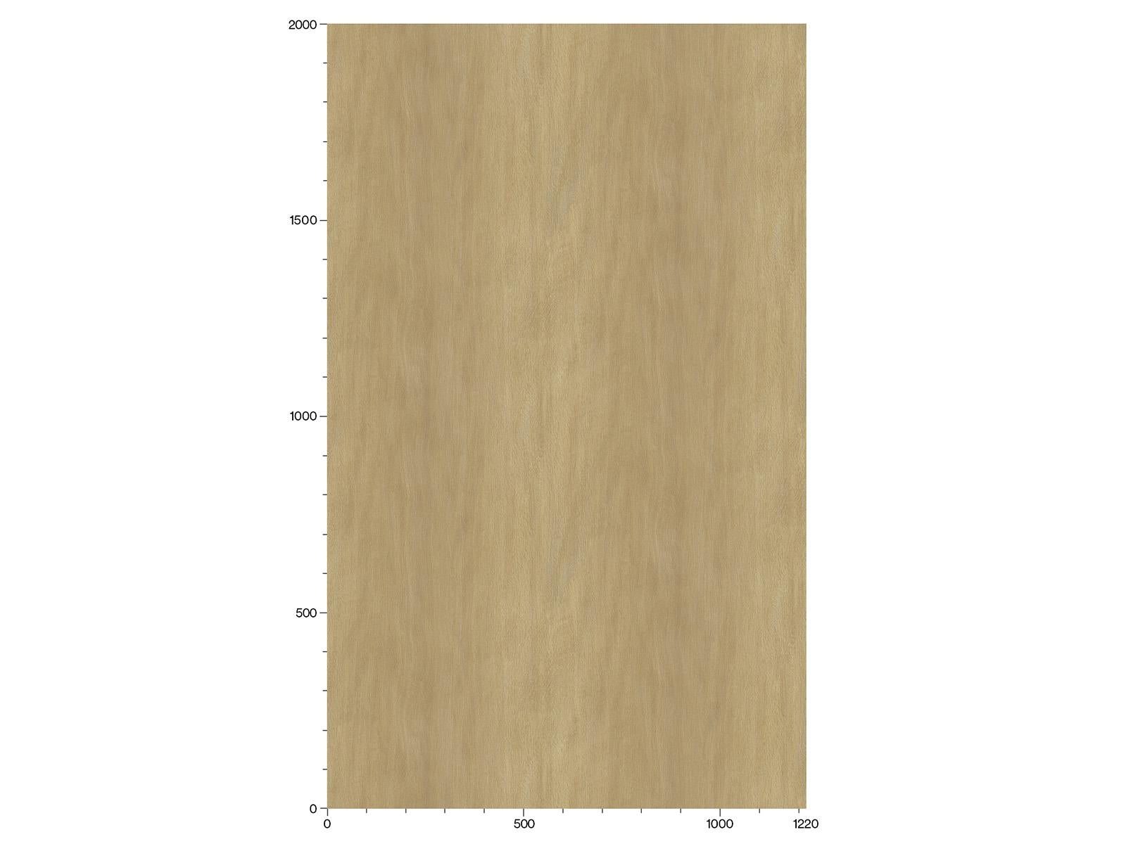 bucata dreptunghiulara de lemn maro deschis care indica dimensiuni, cu o scara de masurare in partea de jos de la 0 la 1220 si in stanga de la 0 la 2000