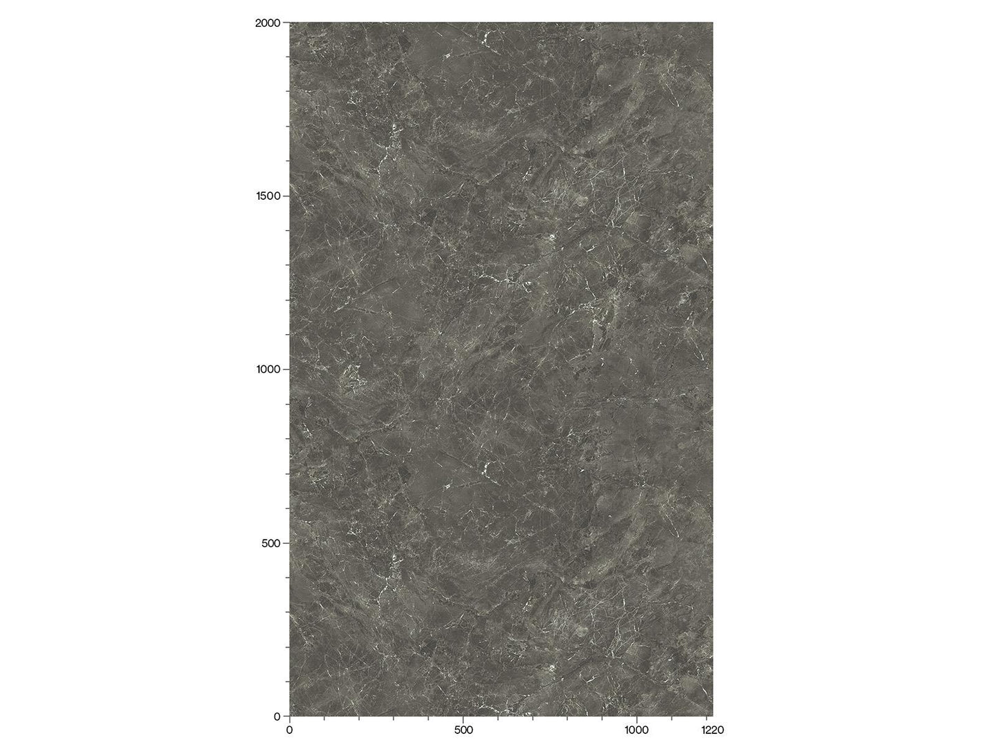 bucata dreptunghiulara de gresie gri cu linii albe care indica dimensiuni, cu o scara de masurare in partea de jos de la 0 la 1220 si in stanga de la 0 la 2000