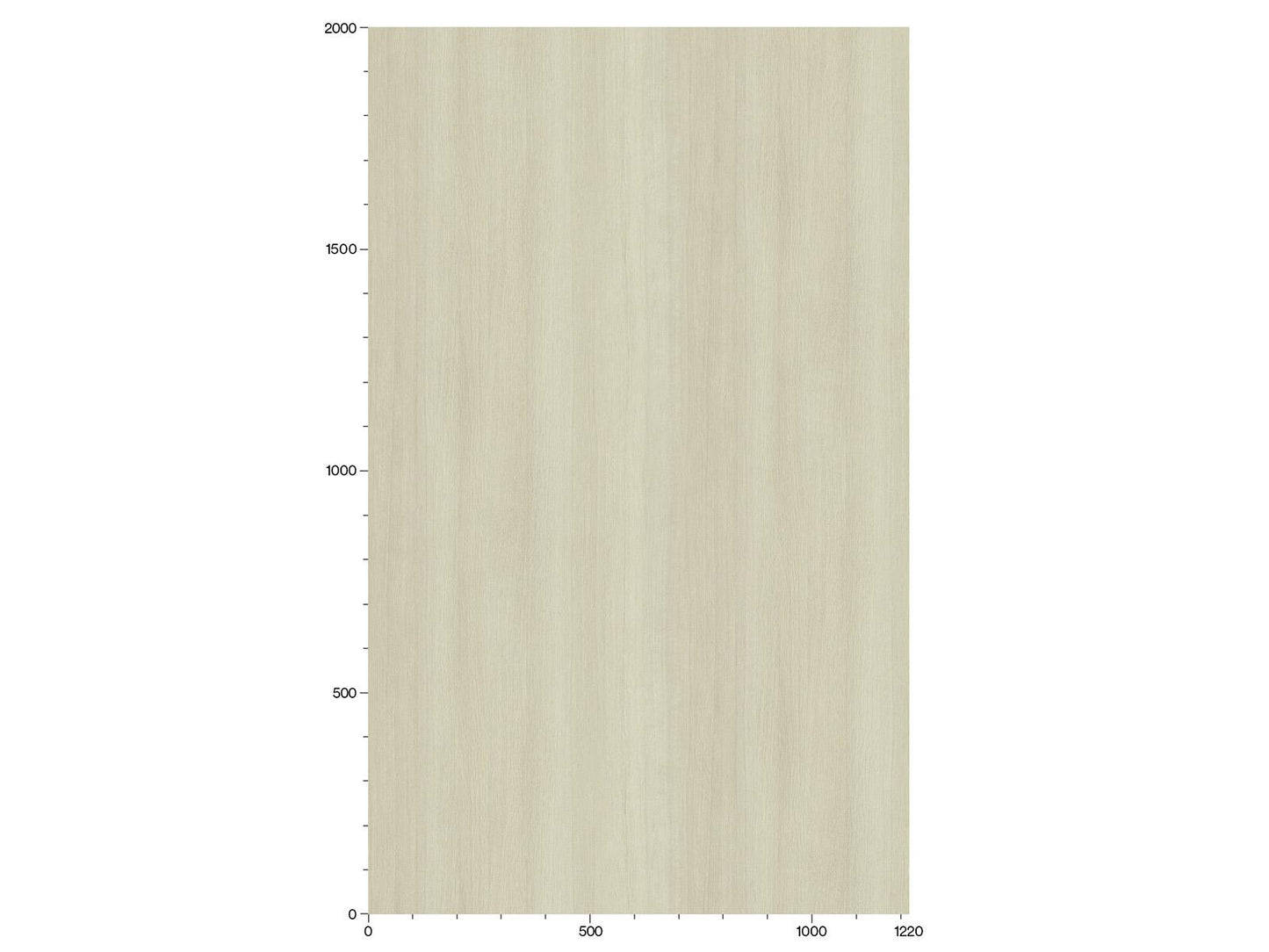 bucata dreptunghiulara de lemn bej care indica dimensiuni, cu o scara de masurare in partea de jos de la 0 la 1220 si in stanga de la 0 la 2000