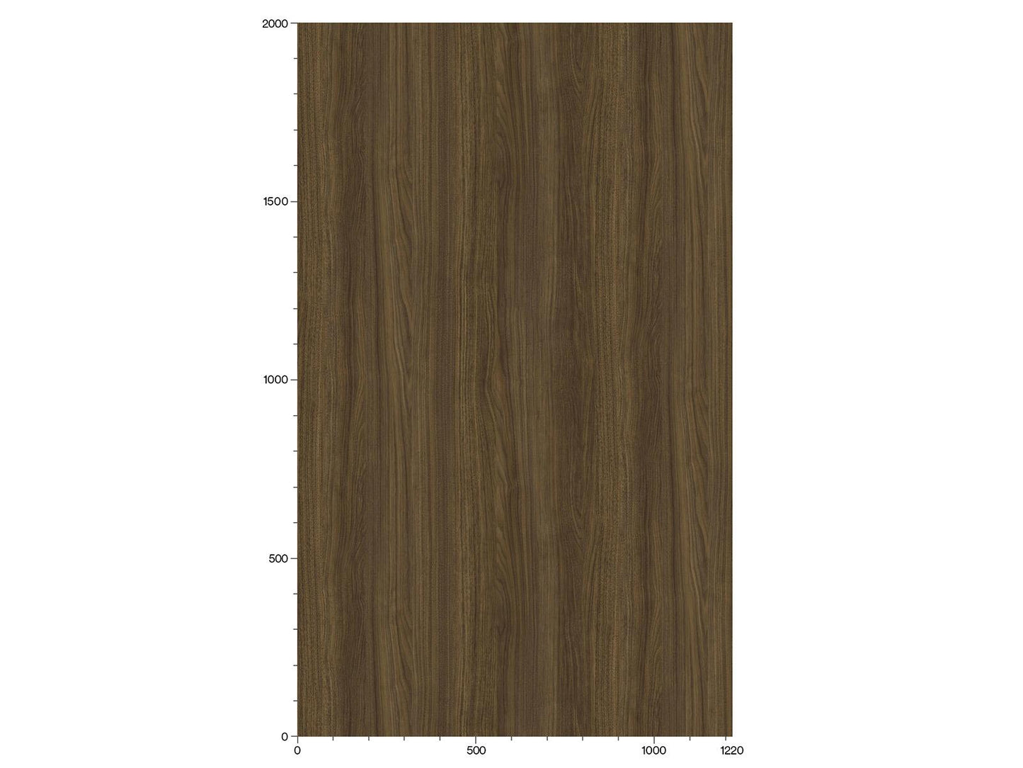 bucata dreptunghiulara de lemn maro inchis care indica dimensiuni, cu o scara de masurare in partea de jos de la 0 la 1220 si in stanga de la 0 la 2000