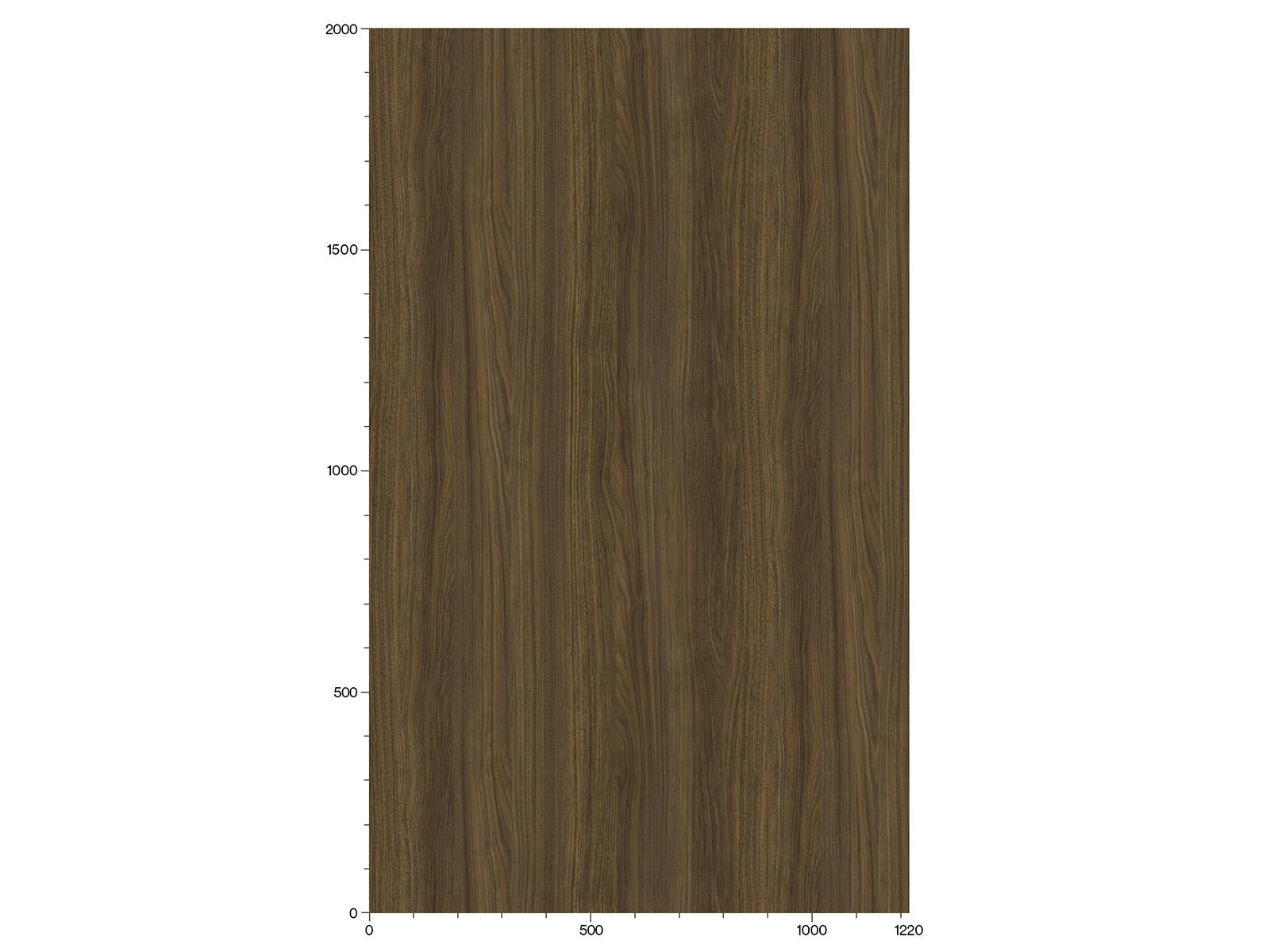 bucata dreptunghiulara de lemn maro inchis care indica dimensiuni, cu o scara de masurare in partea de jos de la 0 la 1220 si in stanga de la 0 la 2000