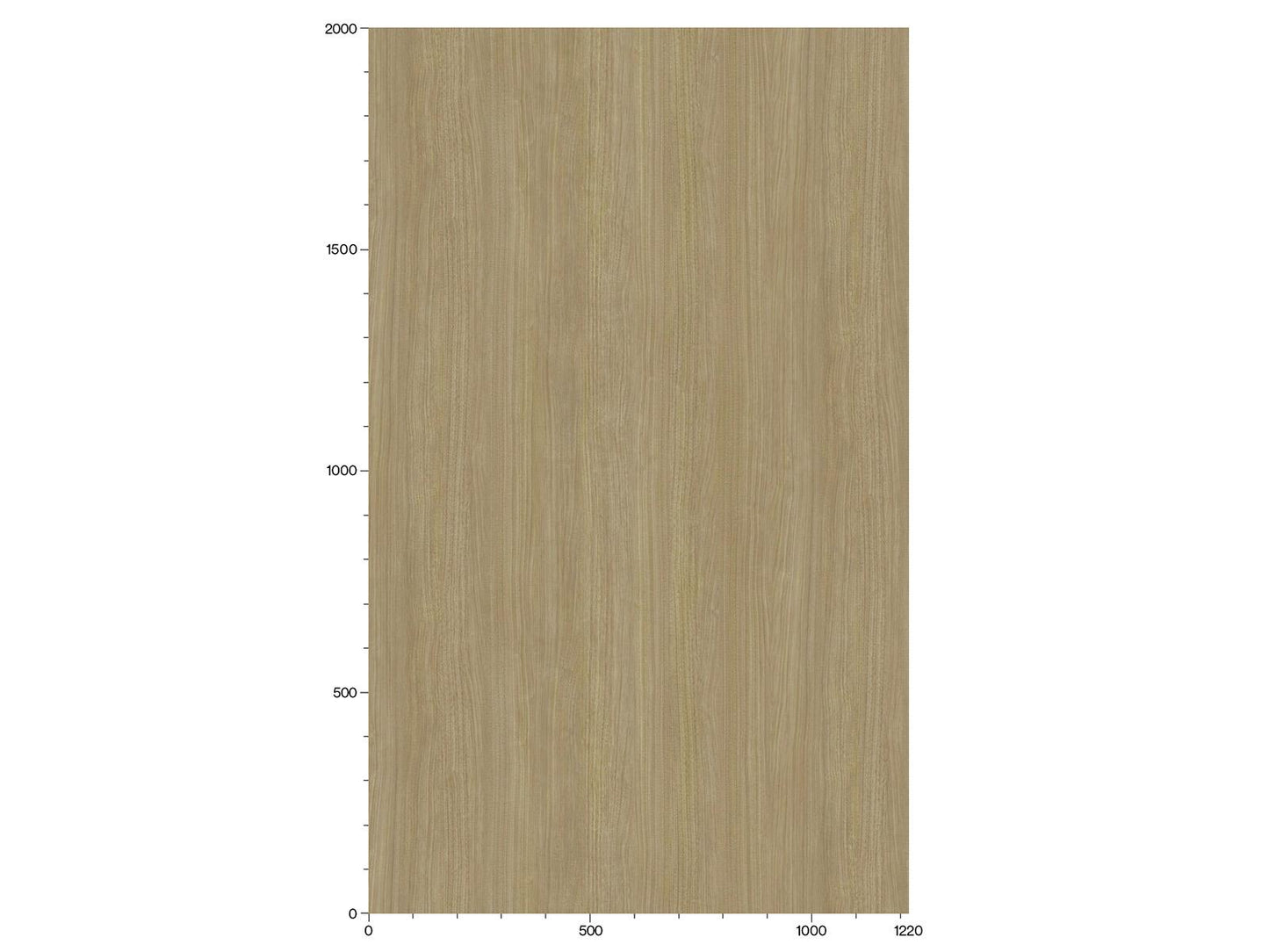bucata dreptunghiulara de lemn bej care indica dimensiuni, cu o scara de masurare in partea de jos de la 0 la 1220 si in stanga de la 0 la 2000