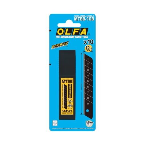 cutie neagra cu lame negre segmentate pentru cutter intr-un ambalaj albastru de carton