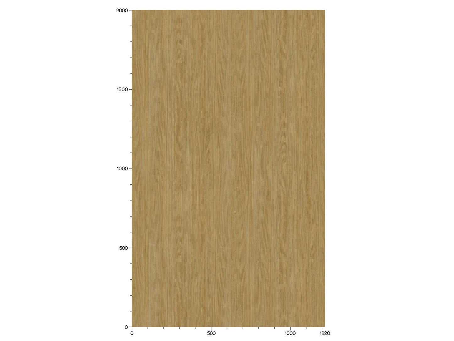 bucata dreptunghiulara de lemn maro deschis care indica dimensiuni, cu o scara de masurare in partea de jos de la 0 la 1220 si in stanga de la 0 la 2000