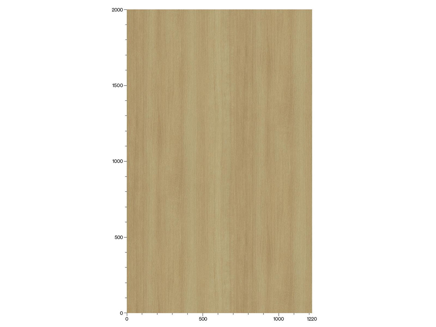 bucata dreptunghiulara de lemn maro deschis care indica dimensiuni, cu o scara de masurare in partea de jos de la 0 la 1220 si in stanga de la 0 la 2000