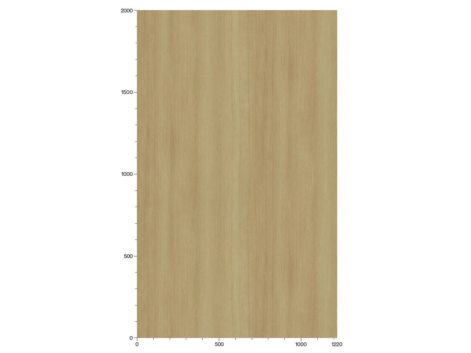 bucata dreptunghiulara de lemn maro deschis care indica dimensiuni, cu o scara de masurare in partea de jos de la 0 la 1220 si in stanga de la 0 la 2000