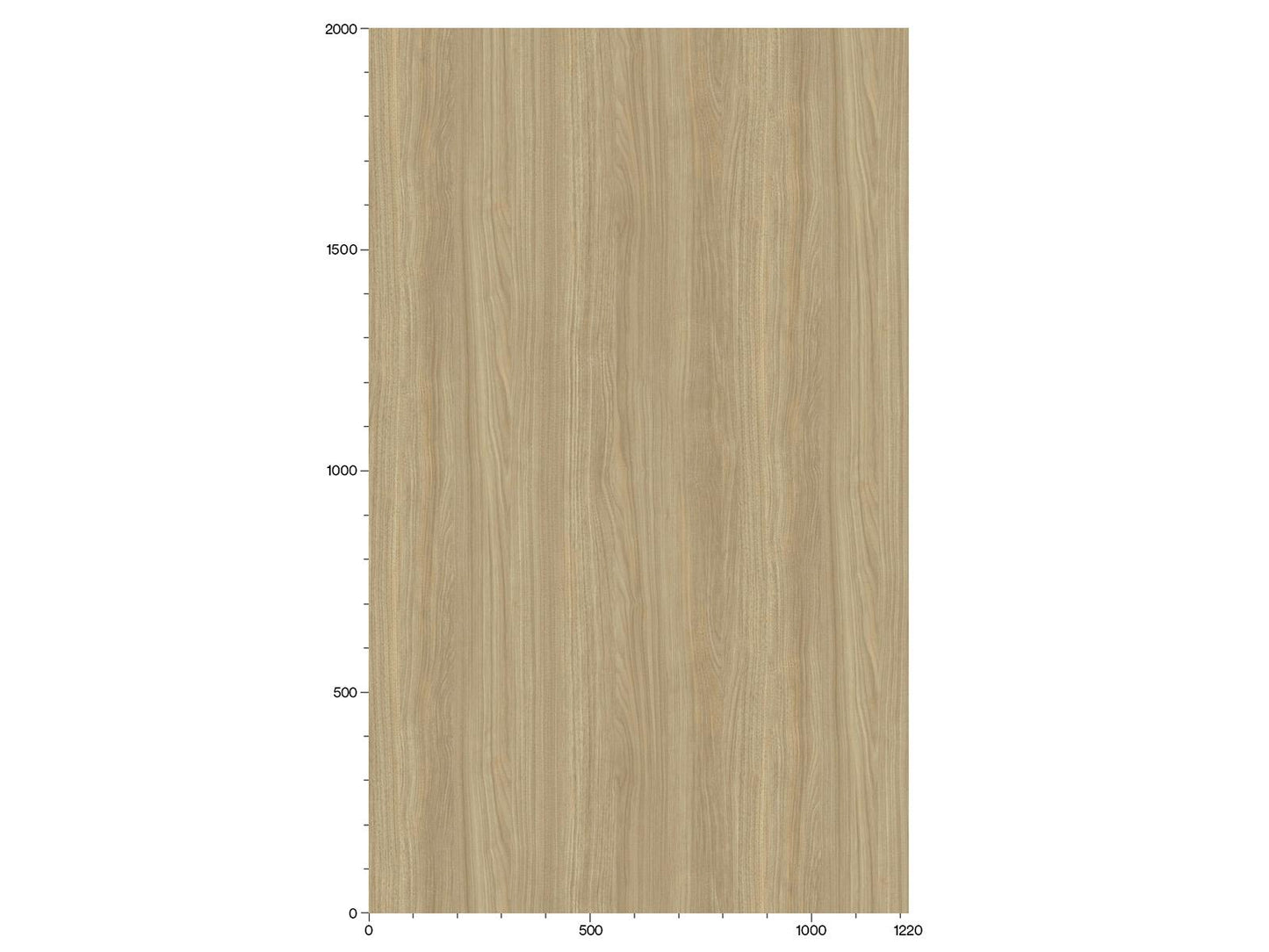 bucata dreptunghiulara de lemn de culoare bej deschis care indica dimensiuni, cu o scara de masurare in partea de jos de la 0 la 1220 si in stanga de la 0 la 2000